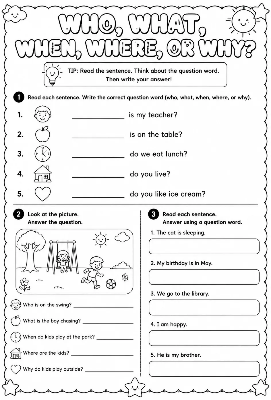 Who, what, when, where, or why? — free printable Kindergarten English & Reading worksheet