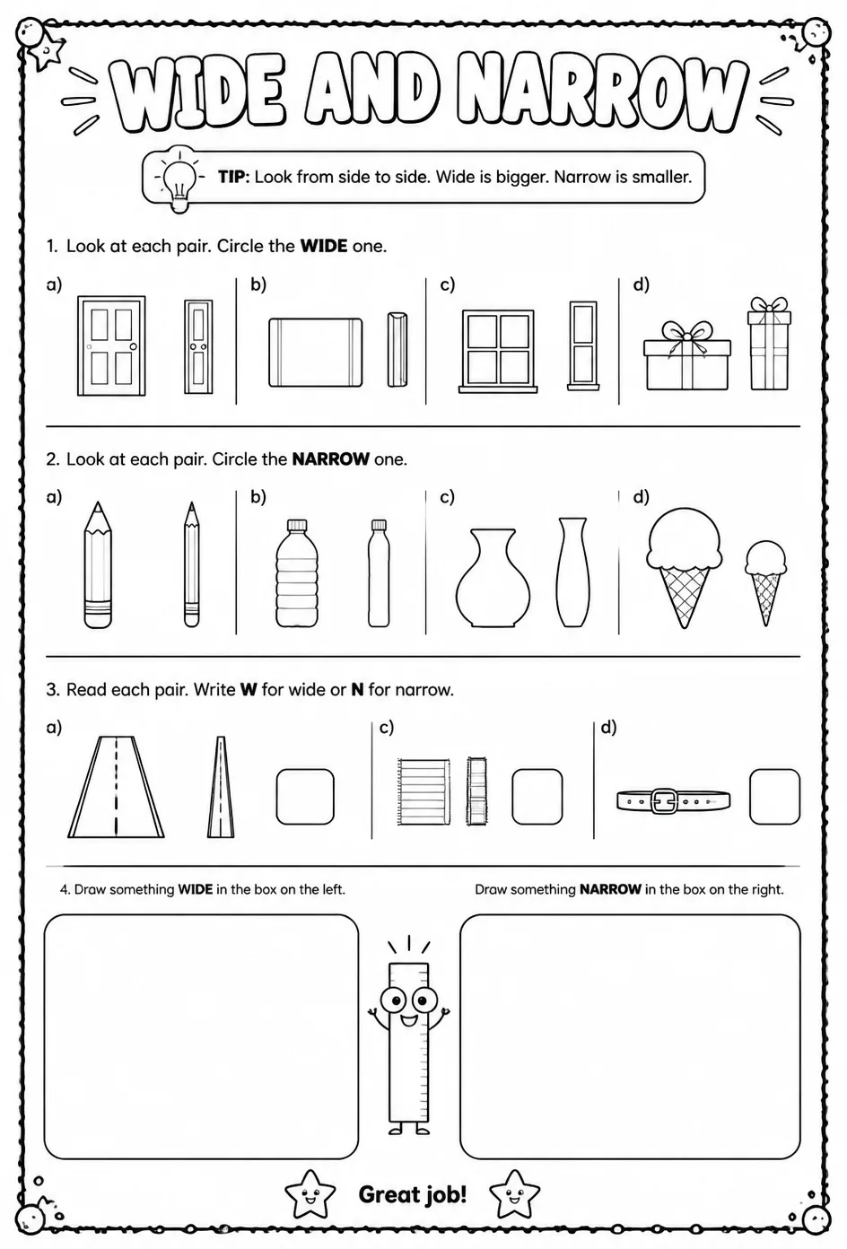 Wide and narrow — free printable Grade 1 math worksheet