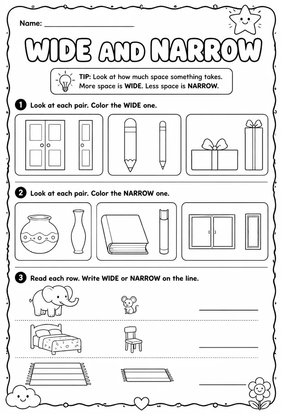 Wide and narrow — free printable Pre-K math worksheet
