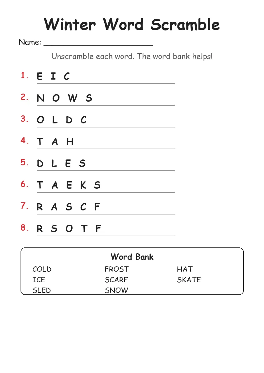 Winter word scramble worksheet for Grade 1