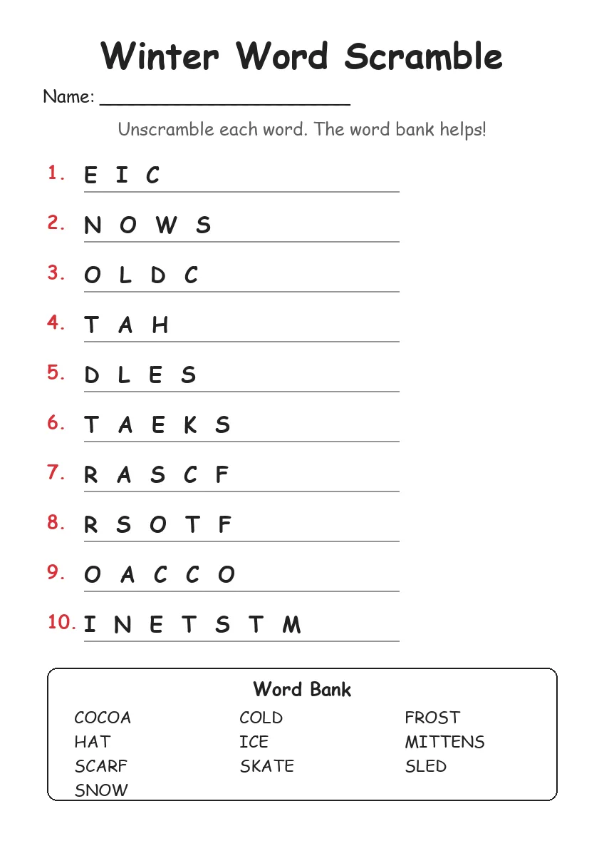 Winter word scramble worksheet for Grade 2