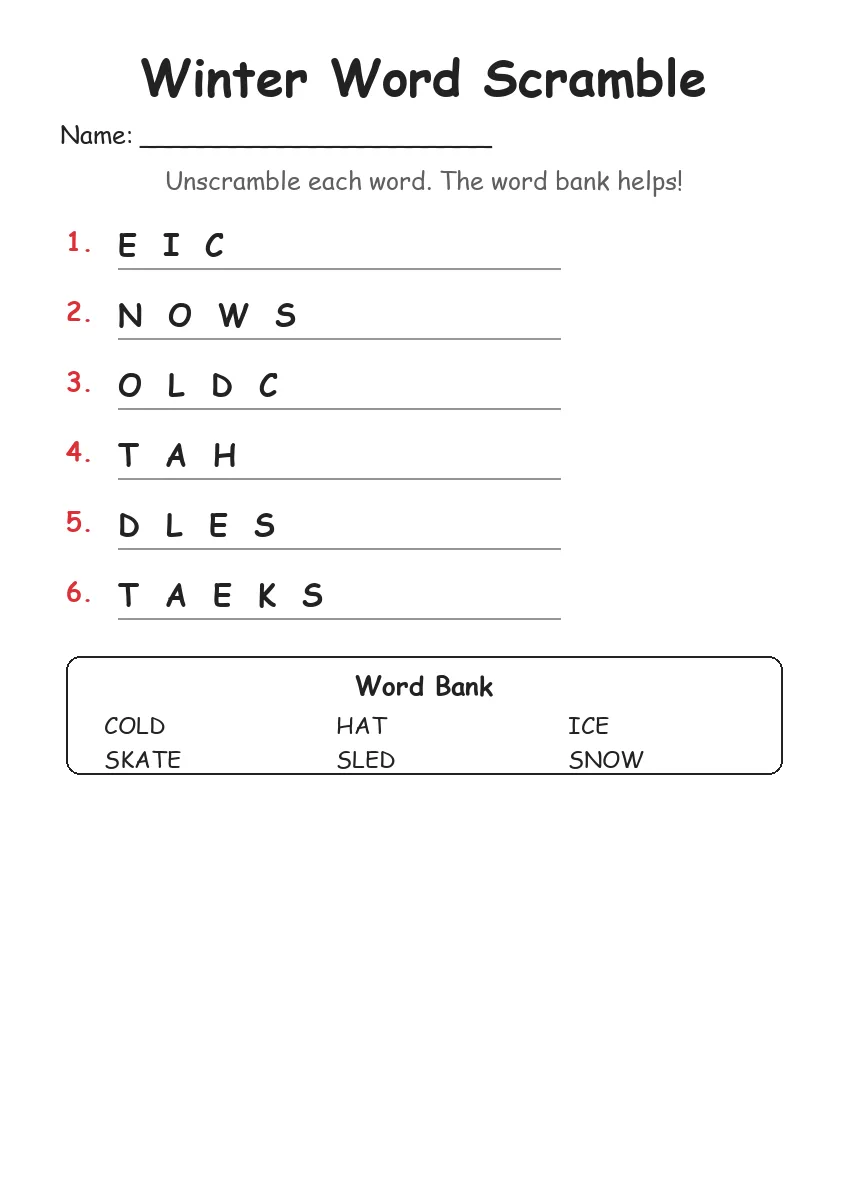 Winter word scramble worksheet for Kindergarten
