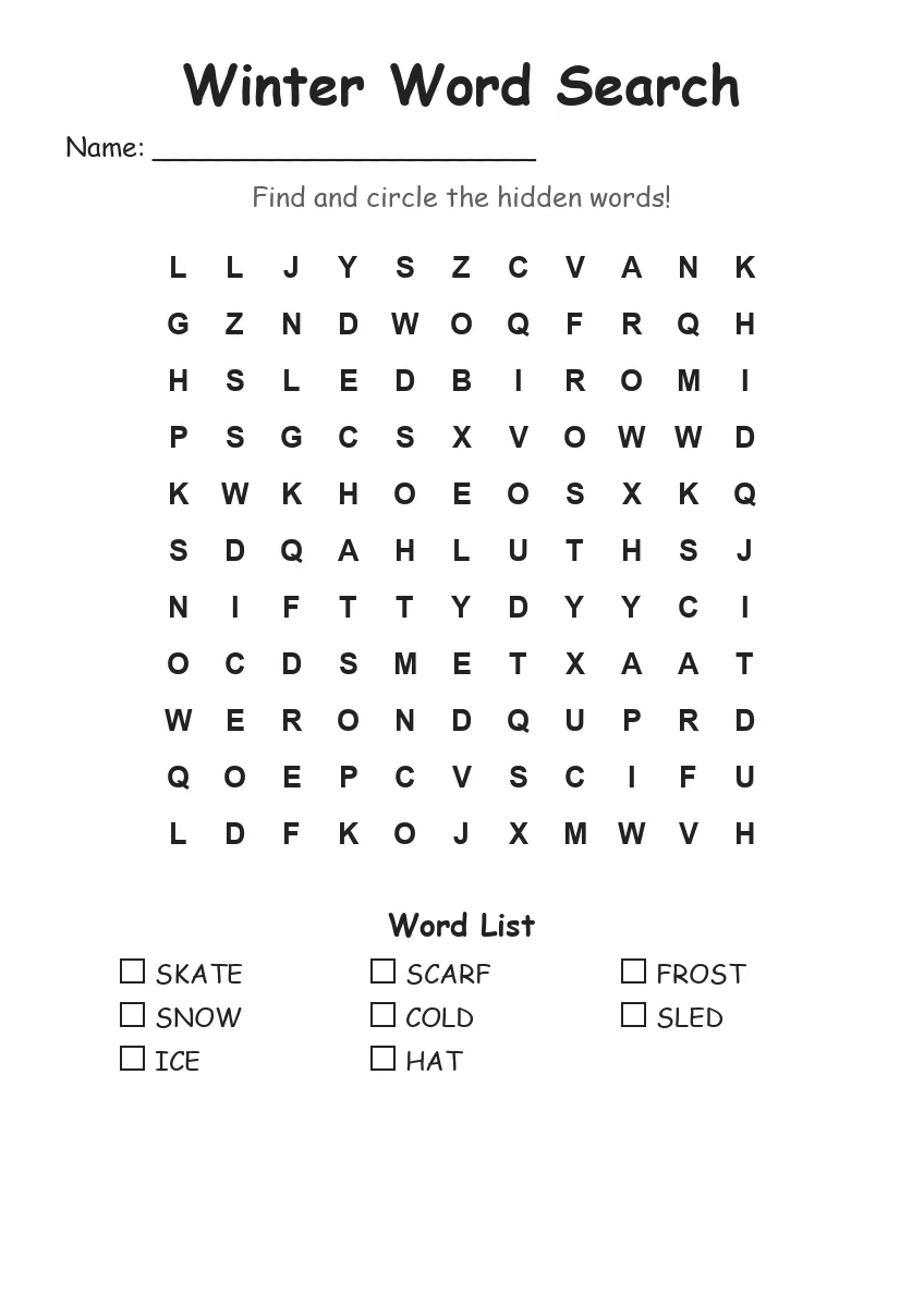 Winter word search worksheet for Grade 1