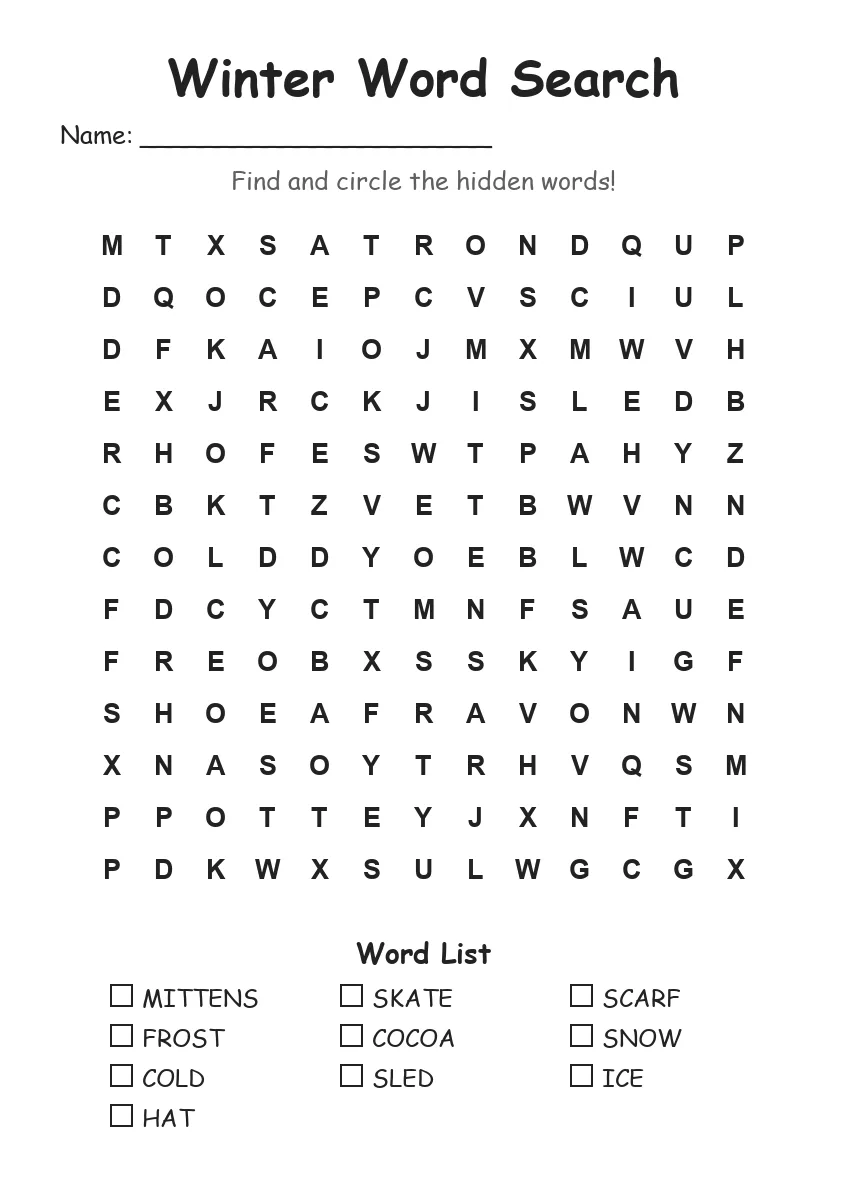 Winter word search worksheet for Grade 2