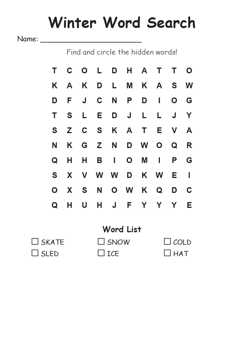 Winter word search worksheet for Kindergarten