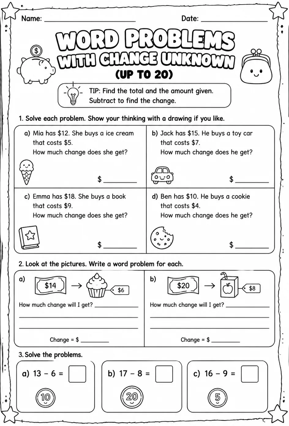 Word problems with change unknown - up to 20 — free printable Grade 1 math worksheet