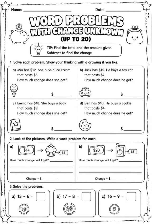 Word problems with change unknown - up to 20
