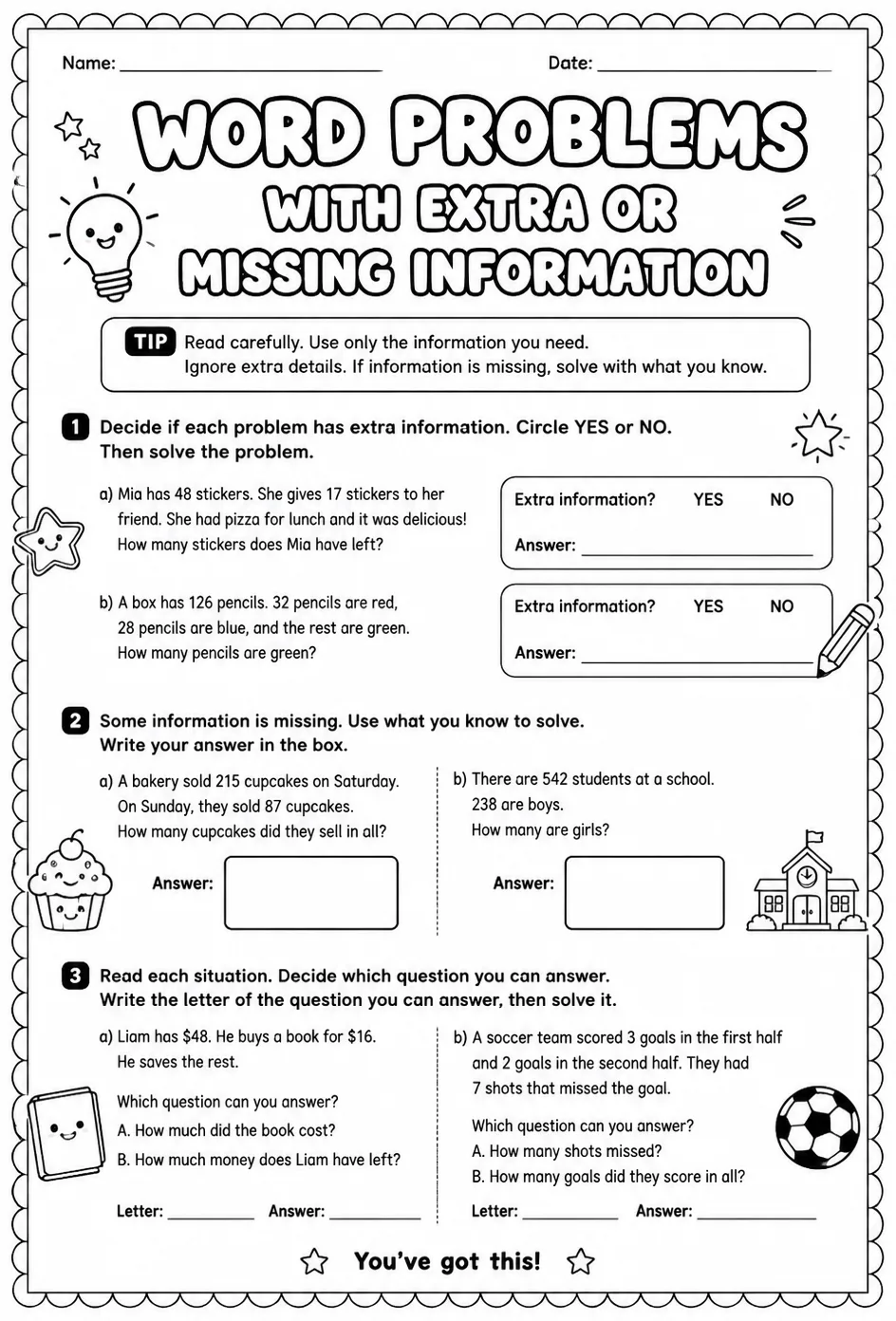 Word problems with extra or missing information — free printable Grade 4 math worksheet