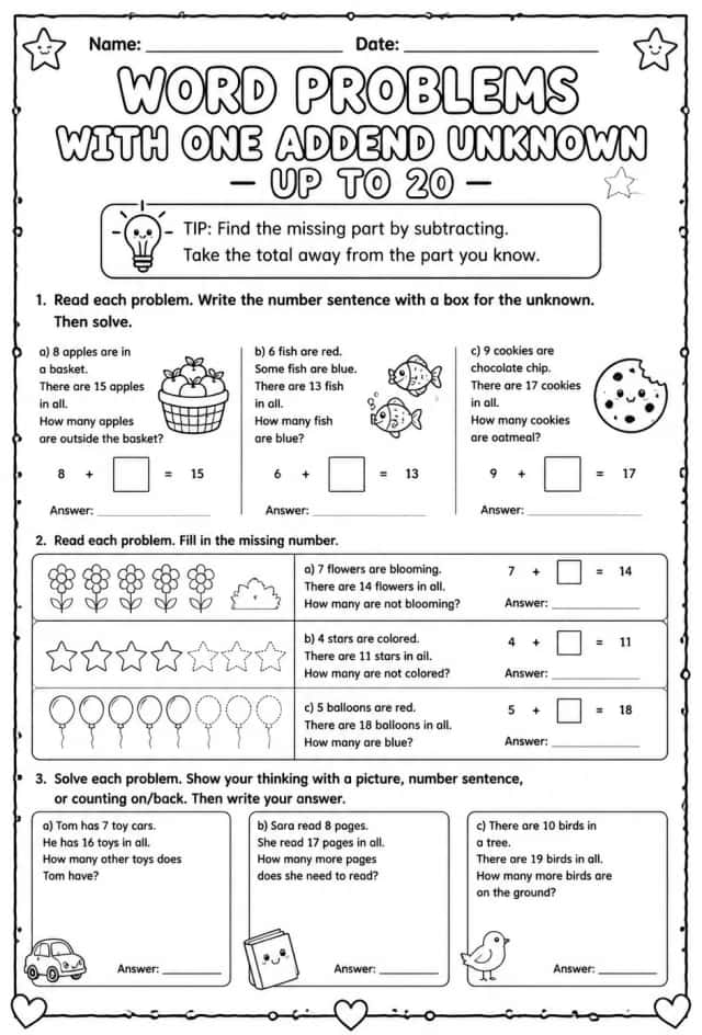 Word problems with one addend unknown - up to 20