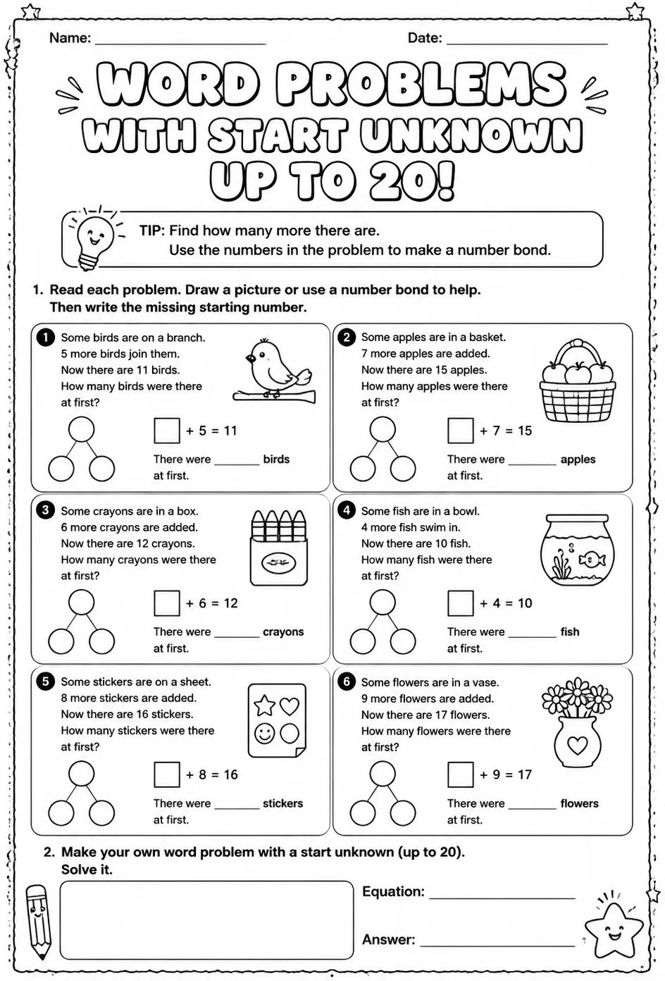 Word problems with start unknown - up to 20 — free printable Grade 1 math worksheet