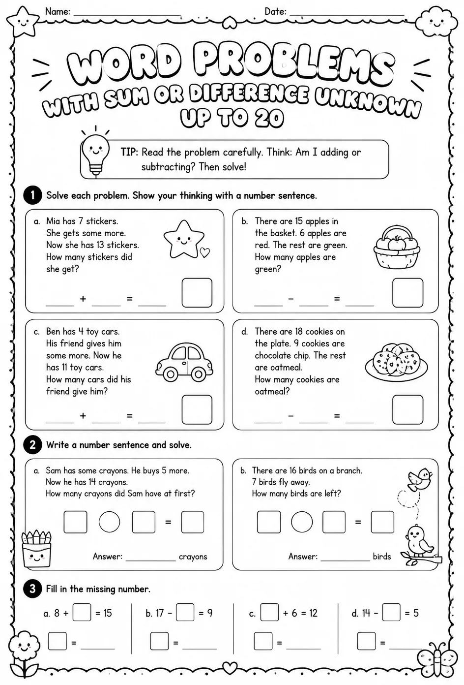 Word problems with sum or difference unknown - up to 20 — free printable Grade 1 math worksheet