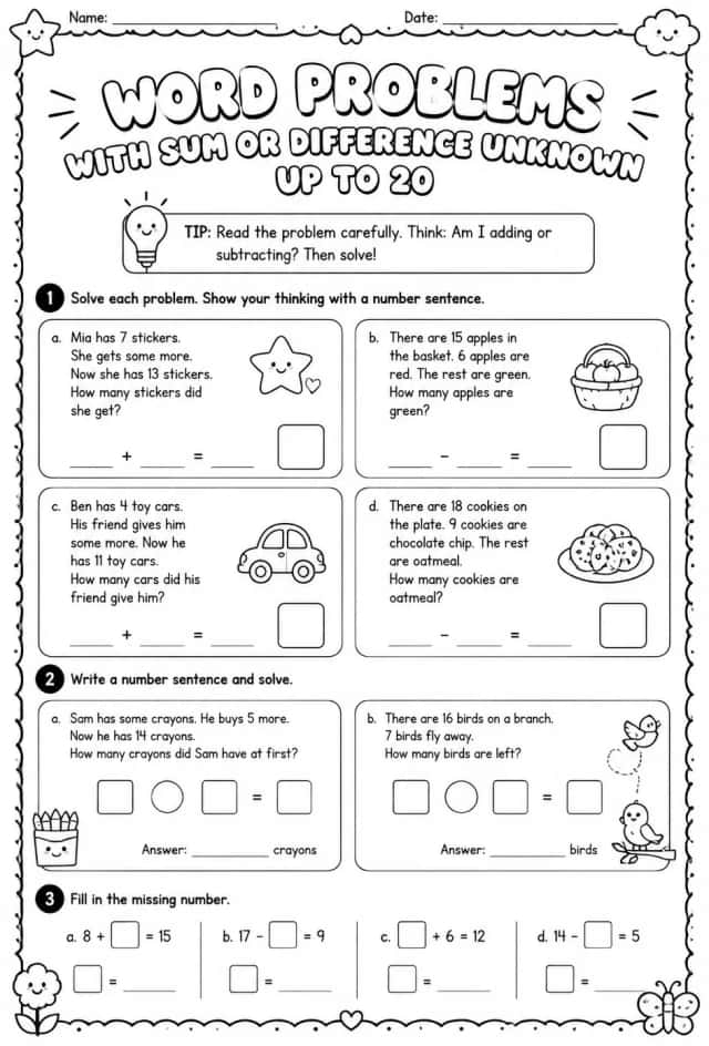 Word problems with sum or difference unknown - up to 20