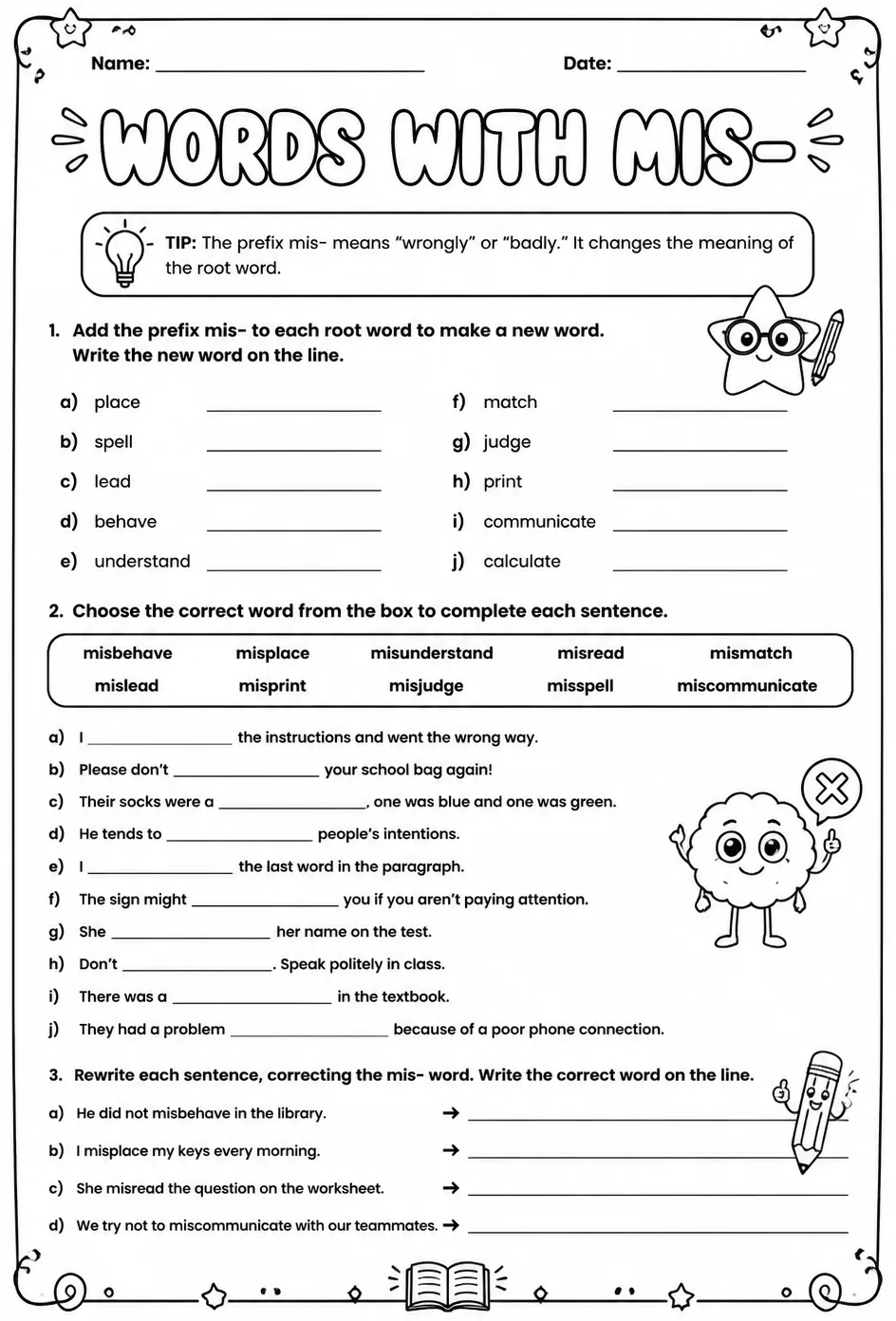 Words with mis- — free printable Middle School English & Reading worksheet