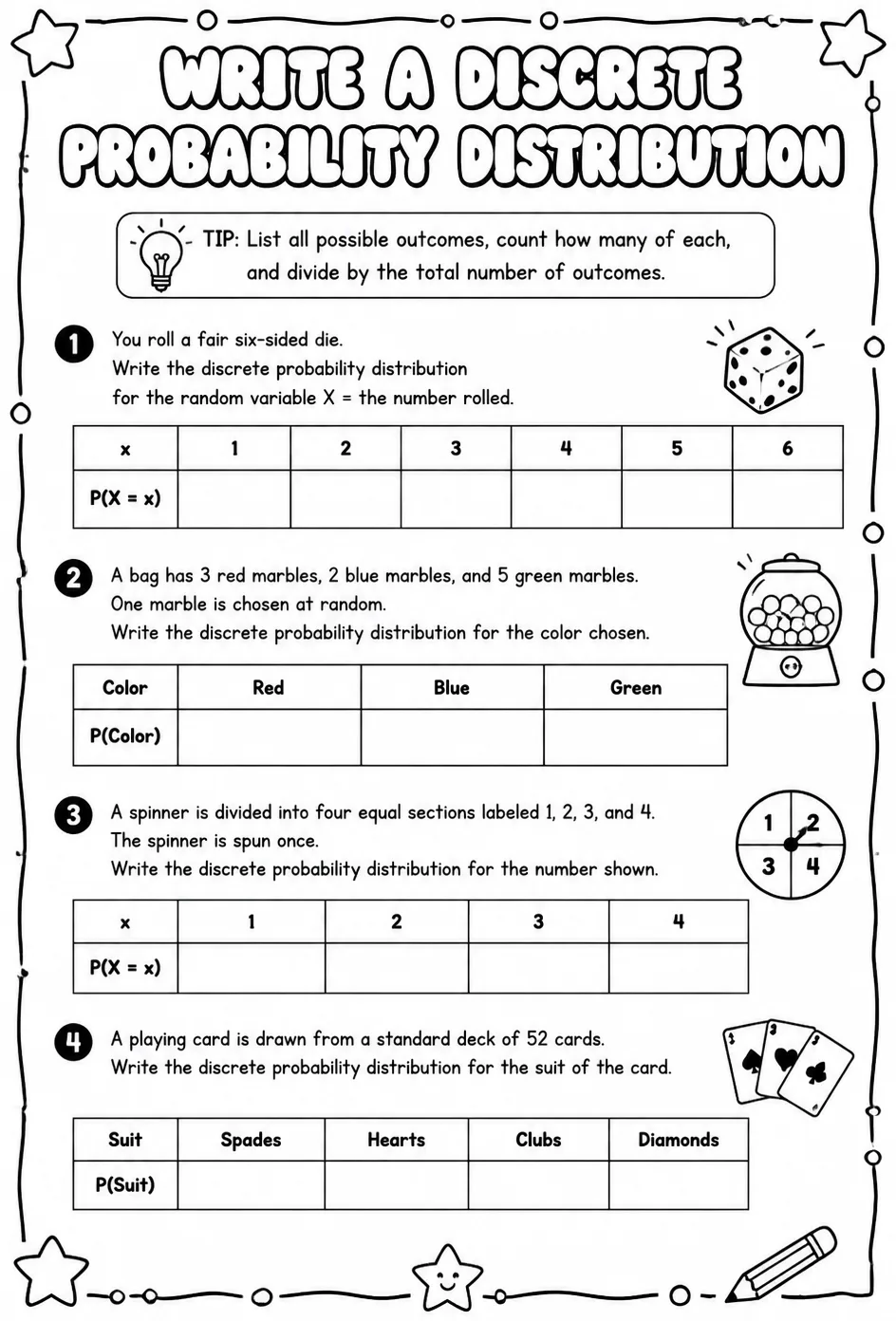 Write a discrete probability distribution — free printable Algebra 2 math worksheet