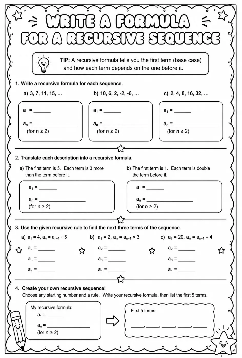 Write a formula for a recursive sequence — free printable Algebra 1 math worksheet