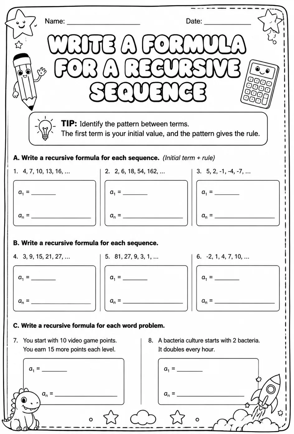 Write a formula for a recursive sequence — free printable Algebra 2 math worksheet