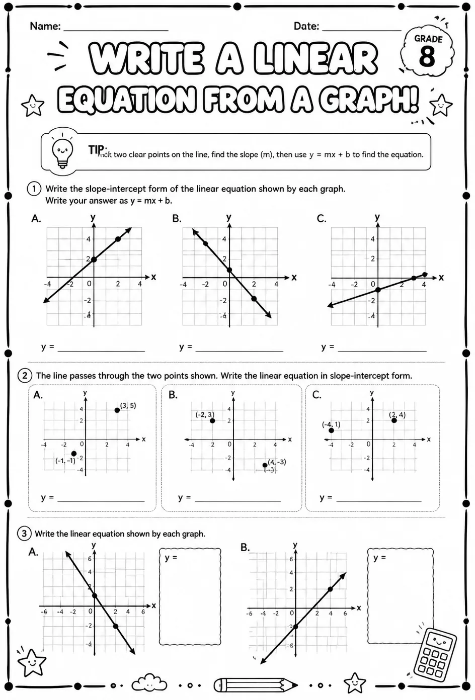 Write a linear equation from a graph — free printable Grade 8 math worksheet