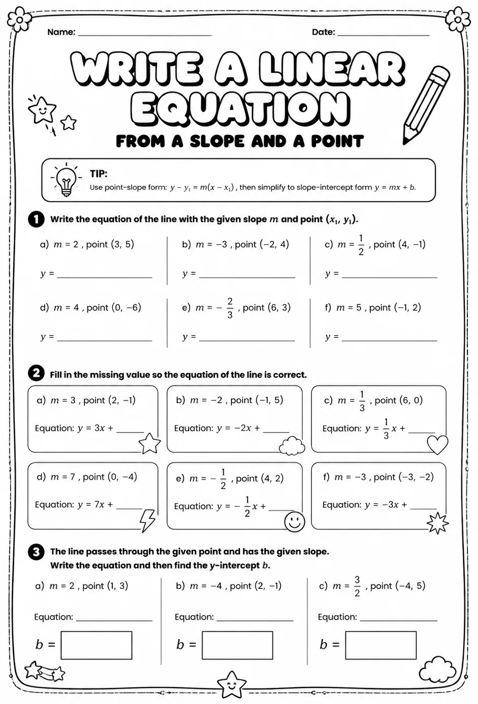 Write a linear equation from a slope and a point — free printable Grade 8 math worksheet