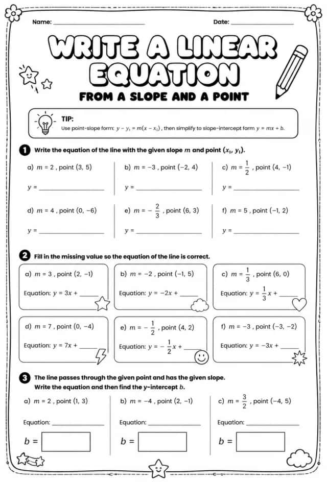 Write a linear equation from a slope and a point