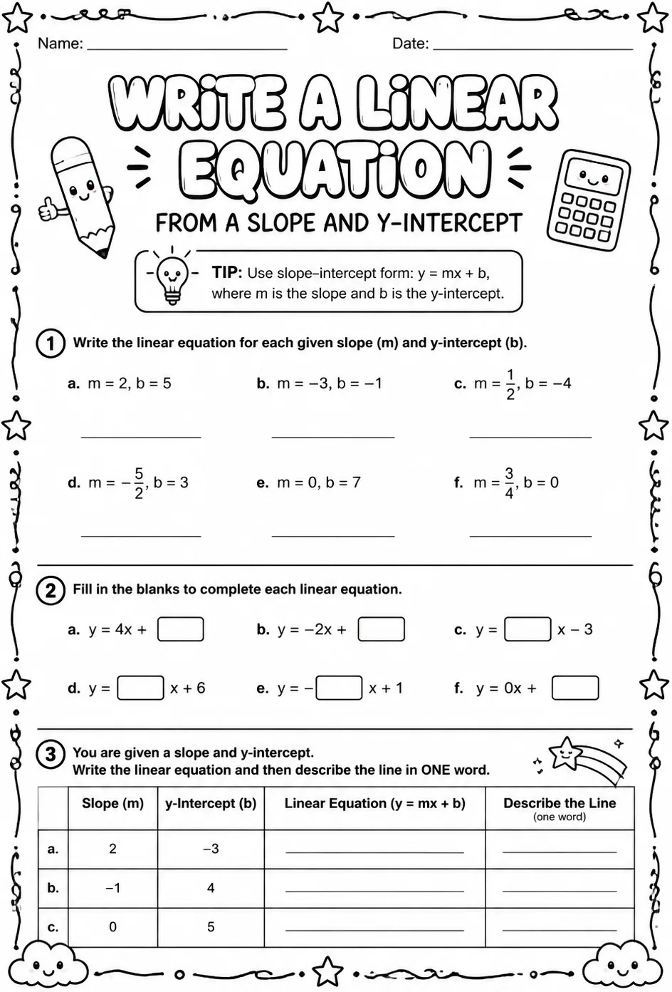 Write a linear equation from a slope and y-intercept — free printable Grade 8 math worksheet