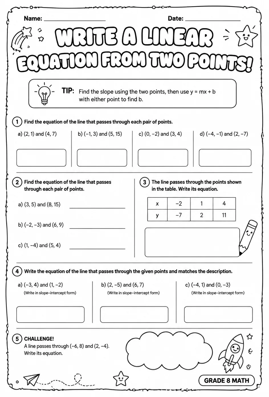 Write a linear equation from two points — free printable Grade 8 math worksheet