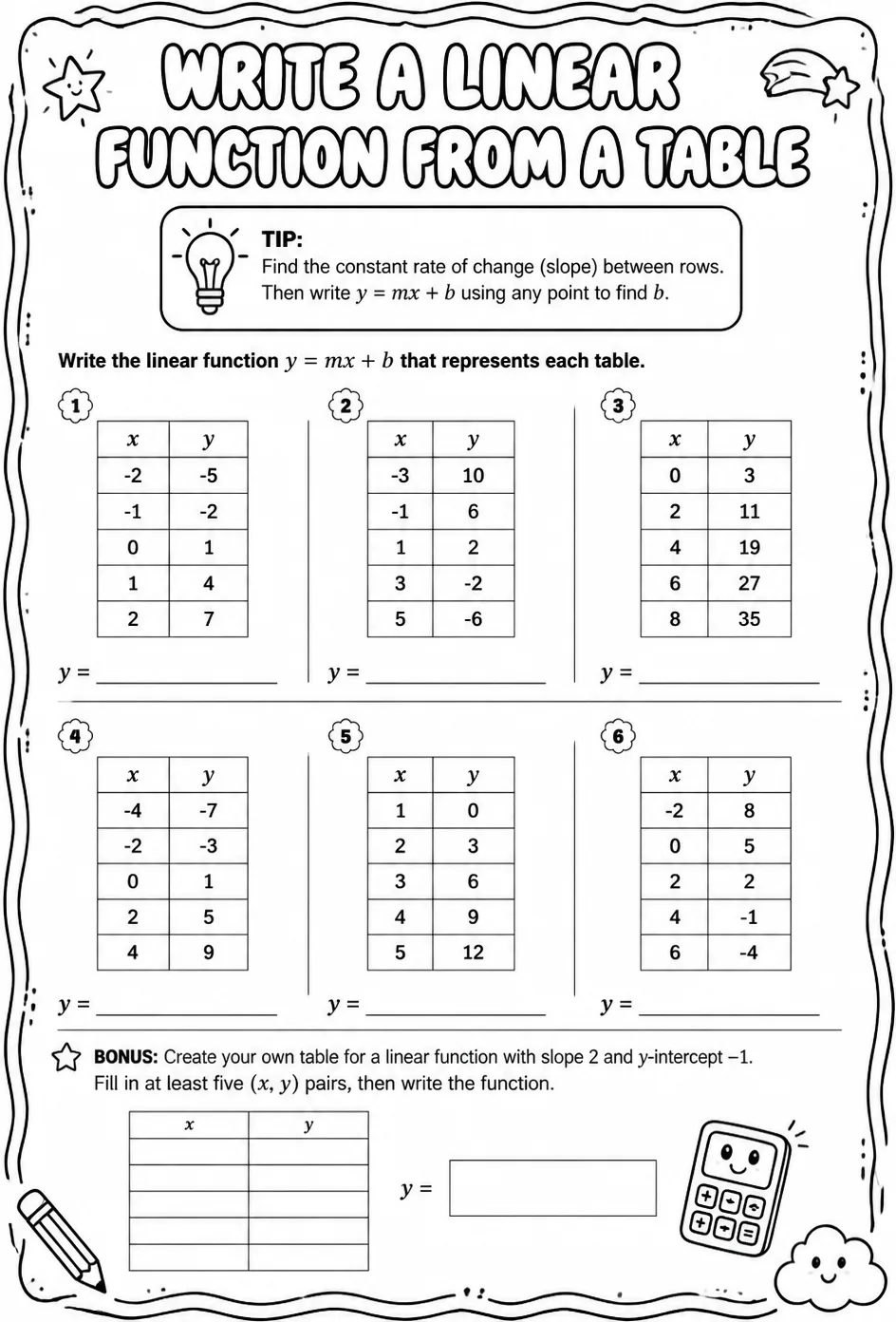 Write a linear function from a table — free printable Grade 8 math worksheet