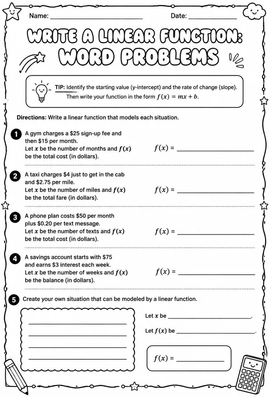Write a linear function: word problems — free printable Algebra 1 math worksheet