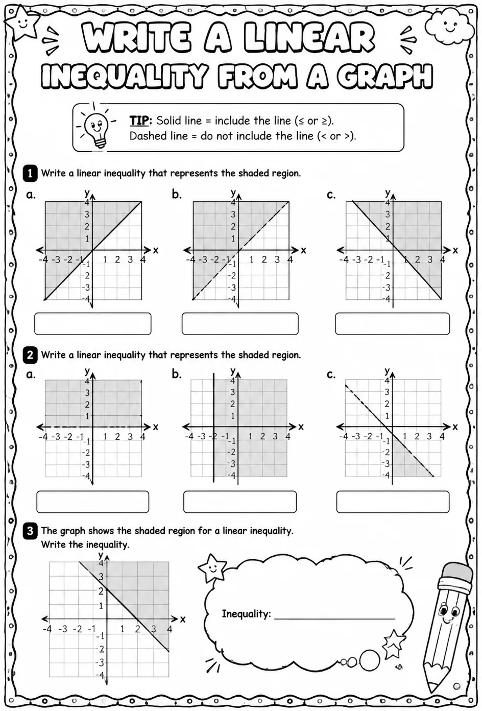 Write a linear inequality from a graph — free printable Algebra 1 math worksheet