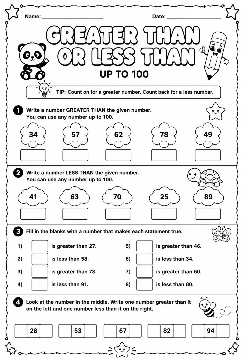 Write a number greater than or less than a given number - up to 100 — free printable Grade 1 math worksheet