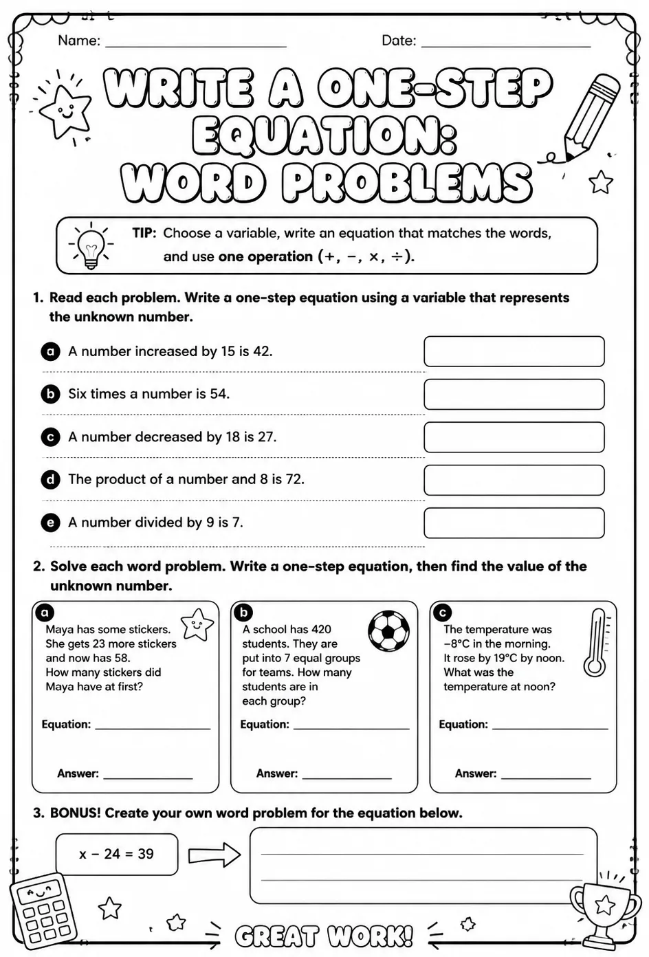 Write a one-step equation: word problems — free printable Grade 6 math worksheet