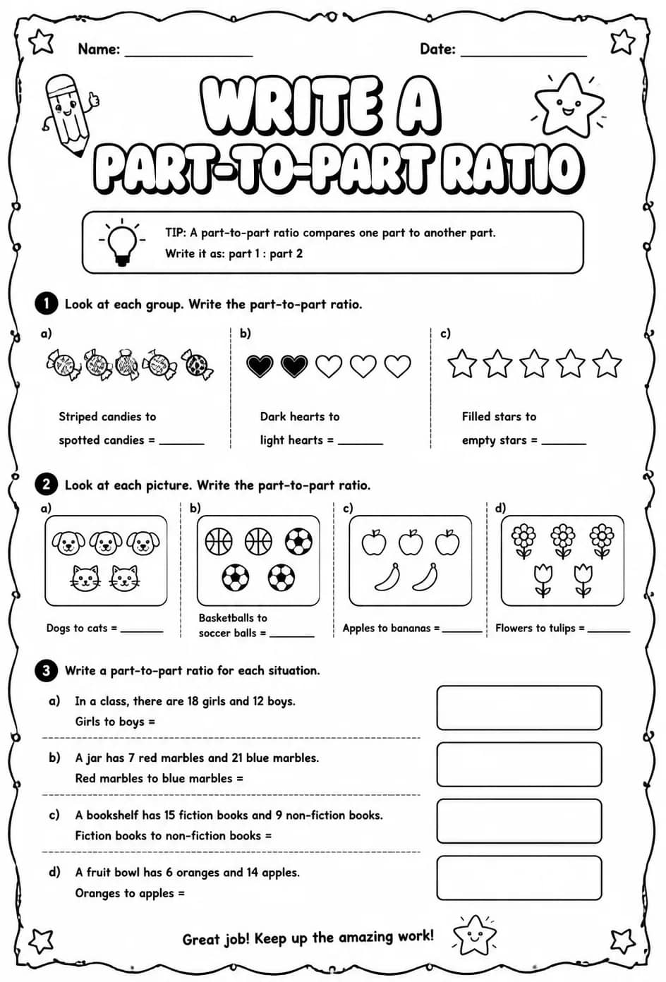 Write a part-to-part ratio — free printable Grade 6 math worksheet