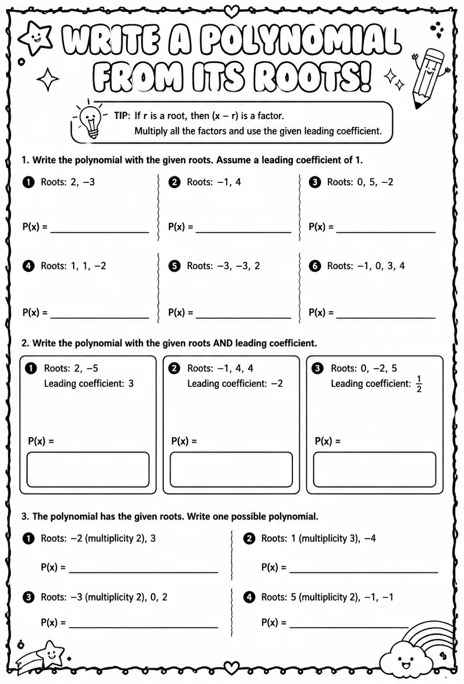 Write a polynomial from its roots — free printable Algebra 2 math worksheet