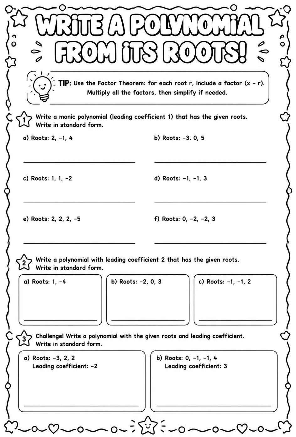 Write a polynomial from its roots — free printable Precalculus math worksheet