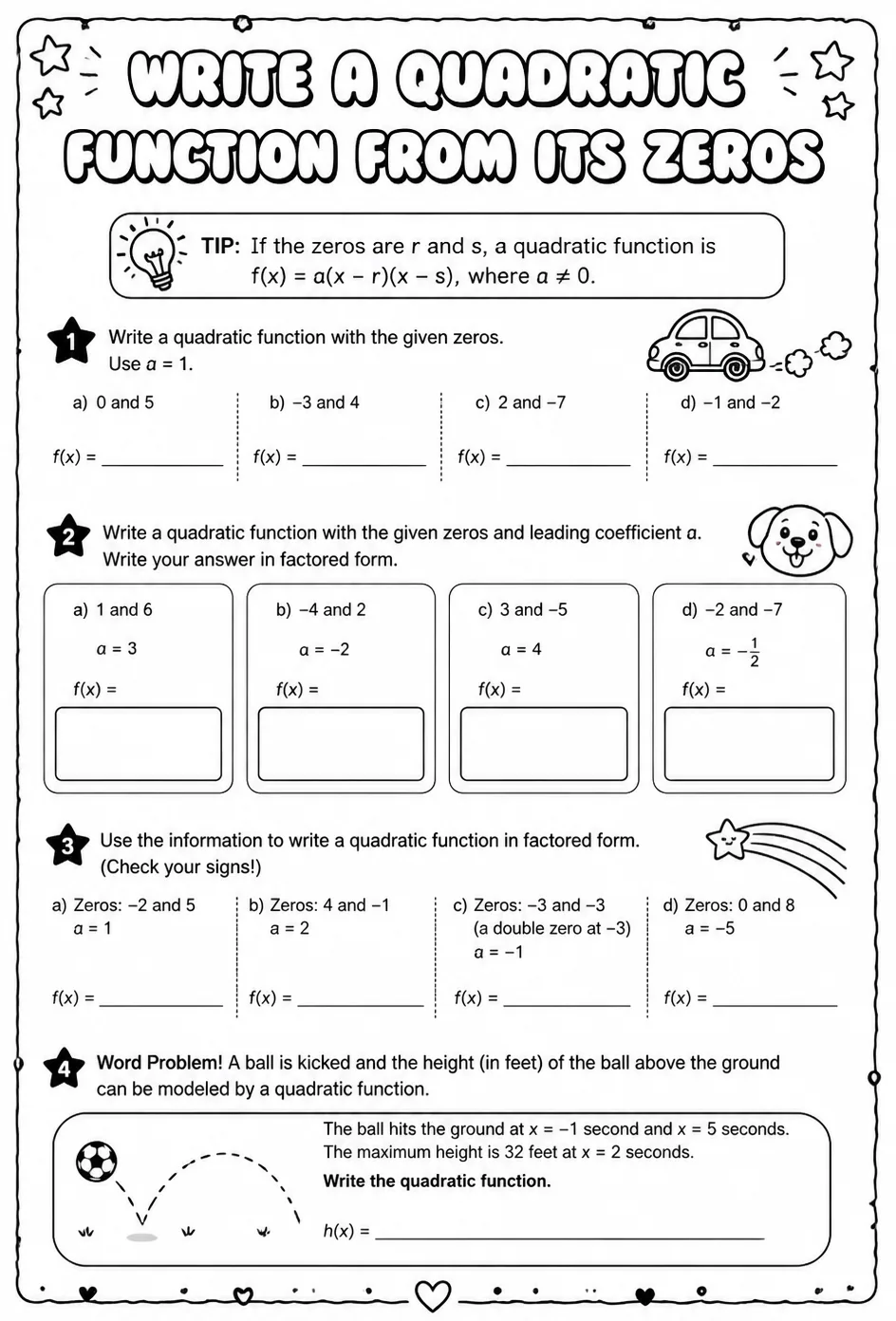 Write a quadratic function from its zeros — free printable Algebra 2 math worksheet