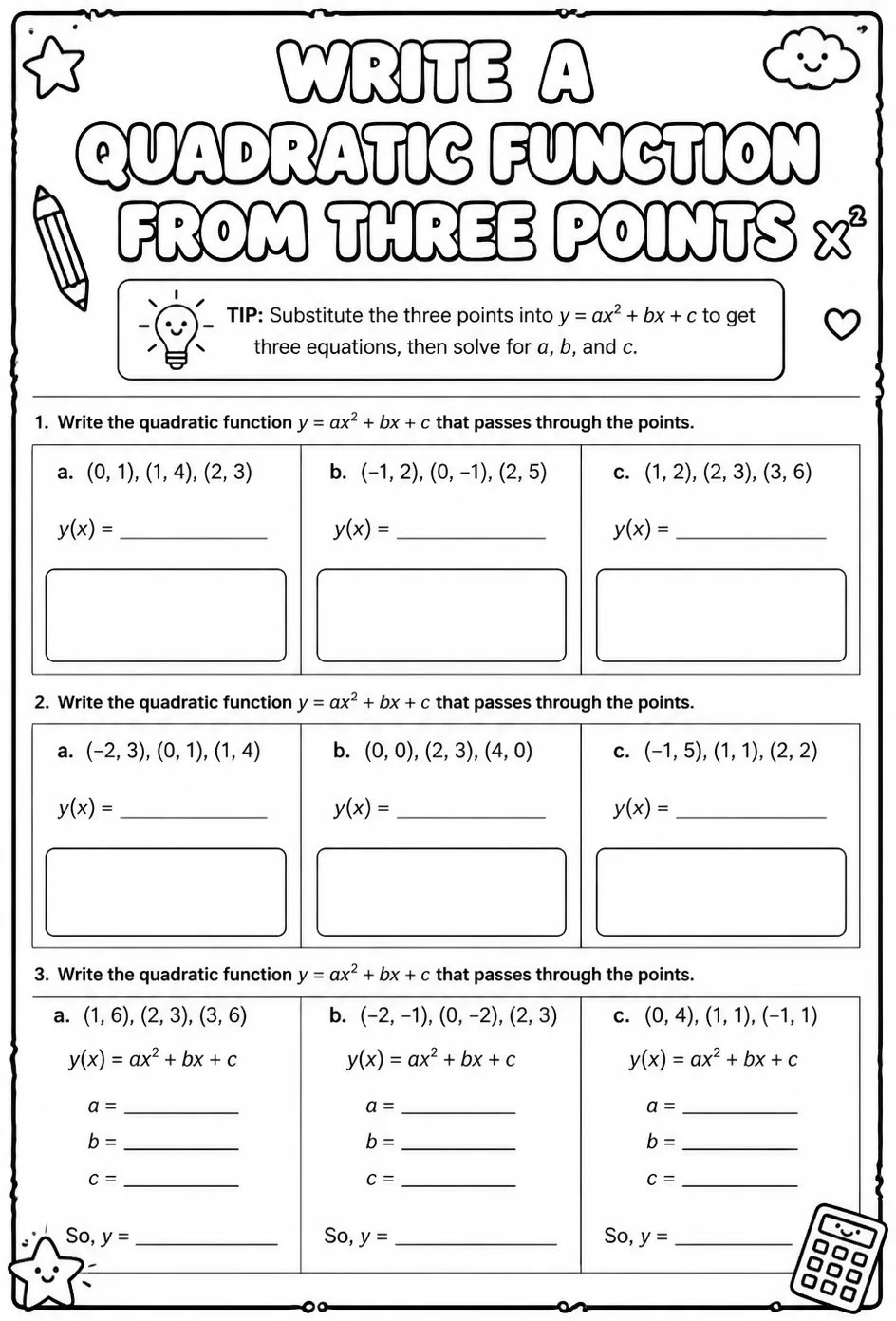 Write a quadratic function from three points — free printable Algebra 2 math worksheet