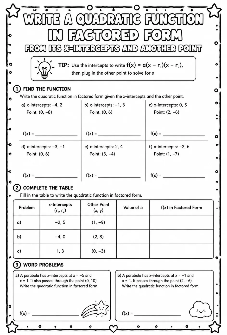 Write a quadratic function in factored form from its x-intercepts and another point — free printable Algebra 1 math worksheet