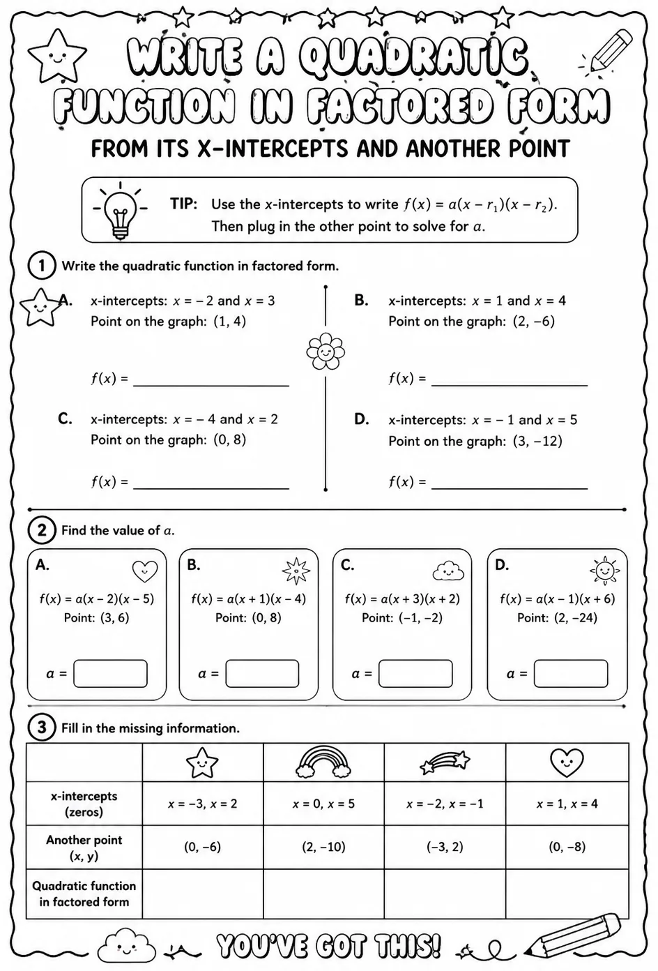 Write a quadratic function in factored form from its x-intercepts and another point — free printable Algebra 2 math worksheet