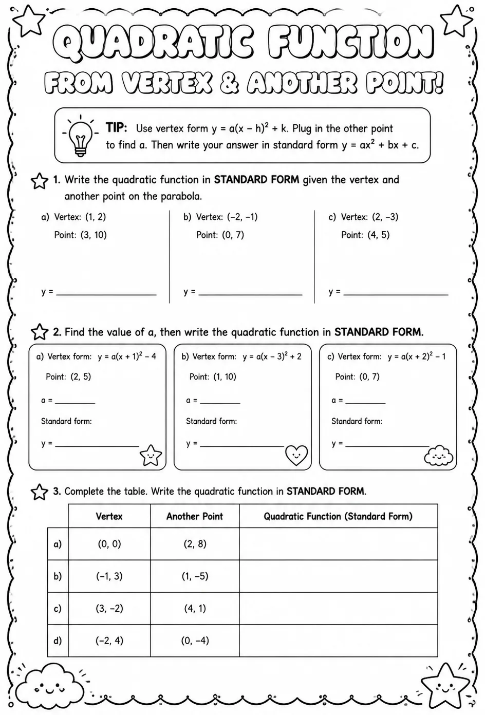Write a quadratic function in standard form from its vertex and another point — free printable Algebra 1 math worksheet