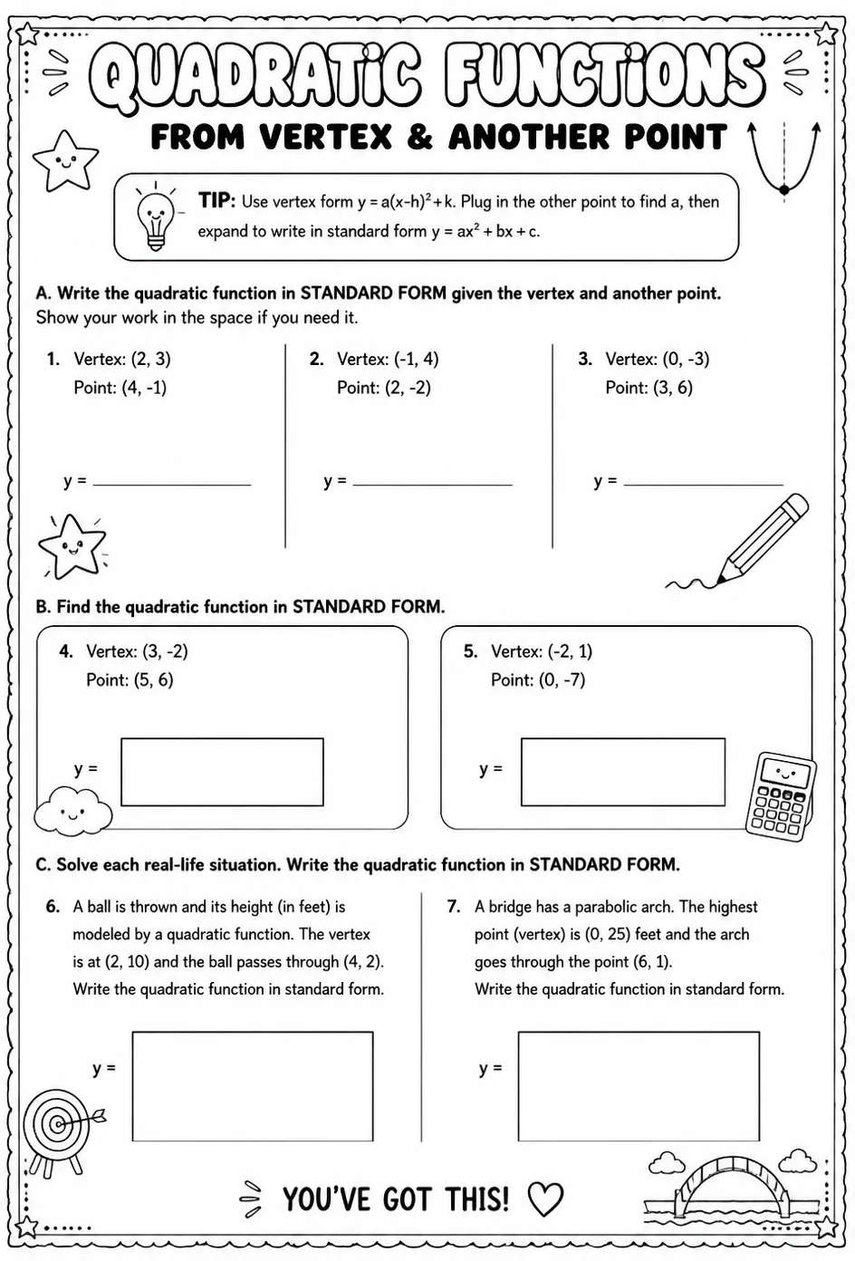 Write a quadratic function in standard form from its vertex and another point — free printable Algebra 2 math worksheet