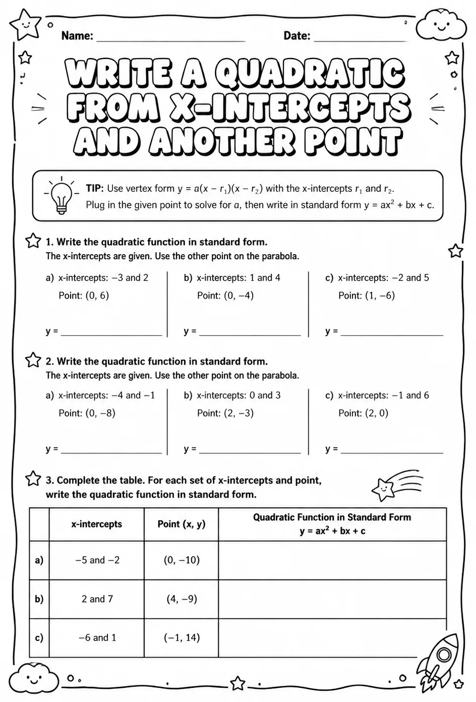 Write a quadratic function in standard form from its x-intercepts and another point — free printable Algebra 1 math worksheet