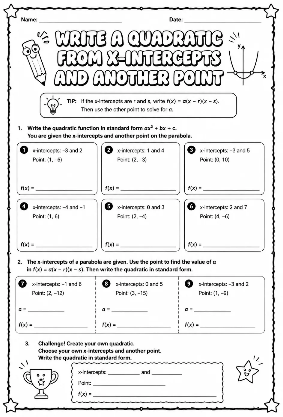 Write a quadratic function in standard form from its x-intercepts and another point — free printable Algebra 2 math worksheet