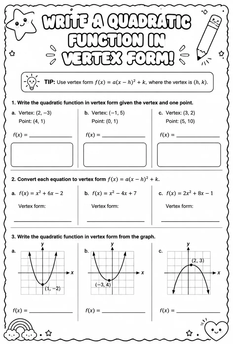 Write a quadratic function in vertex form — free printable Algebra 1 math worksheet