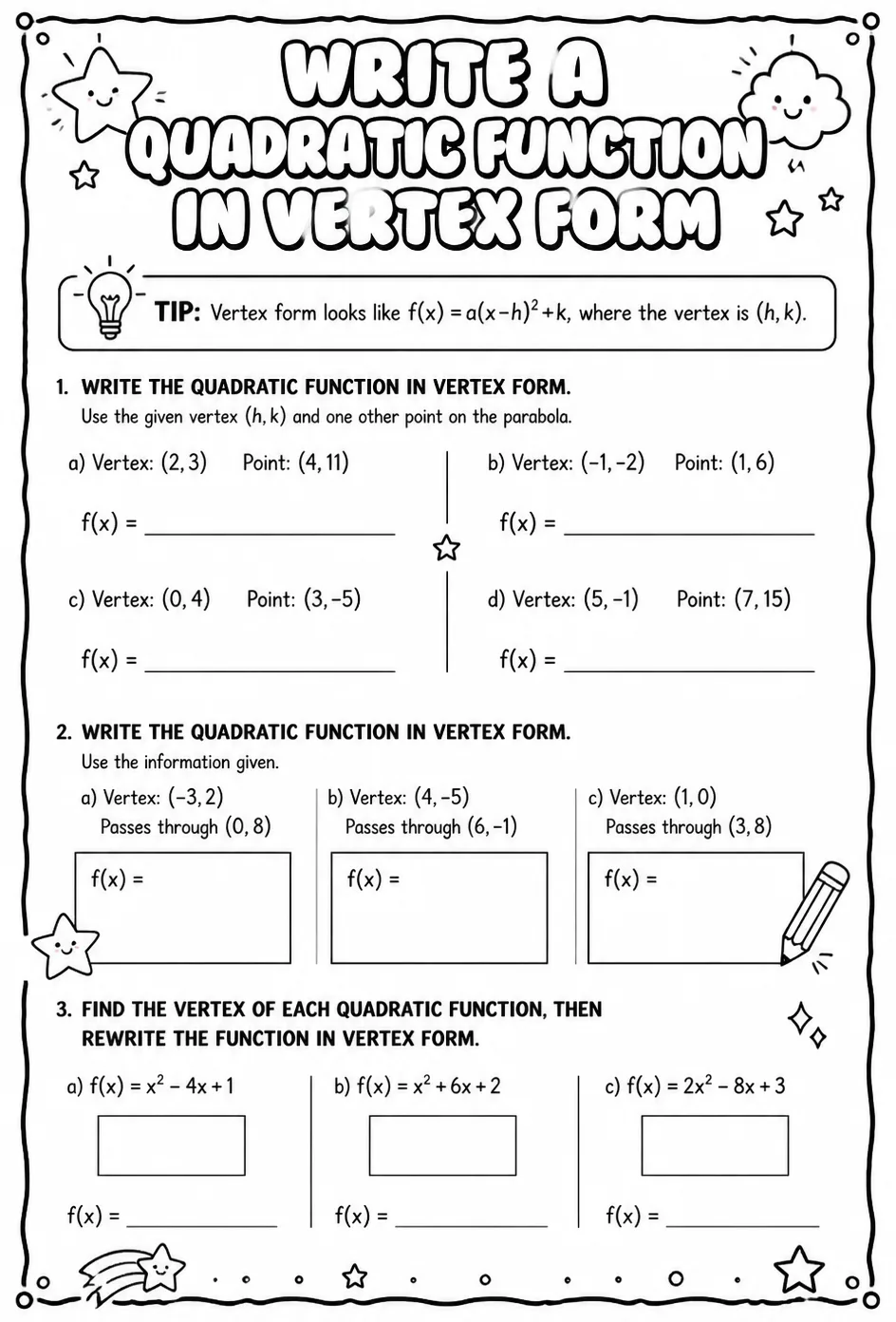 Write a quadratic function in vertex form — free printable Algebra 2 math worksheet