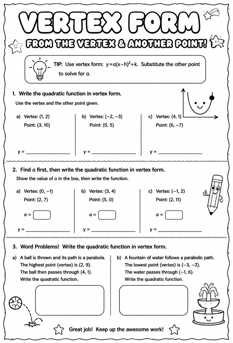 Write a quadratic function in vertex form from its vertex and another point — free printable Algebra 1 math worksheet