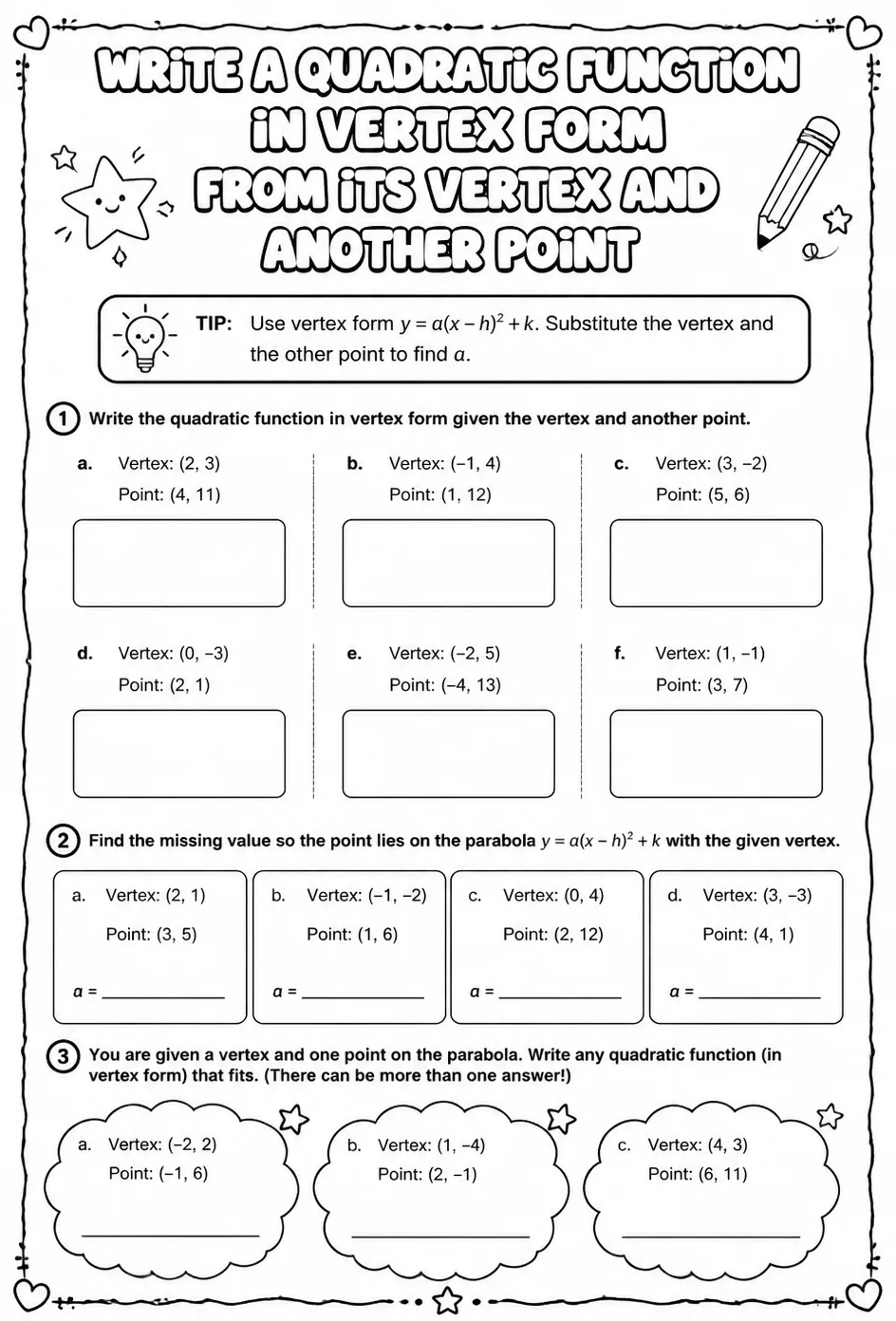 Write a quadratic function in vertex form from its vertex and another point — free printable Algebra 2 math worksheet