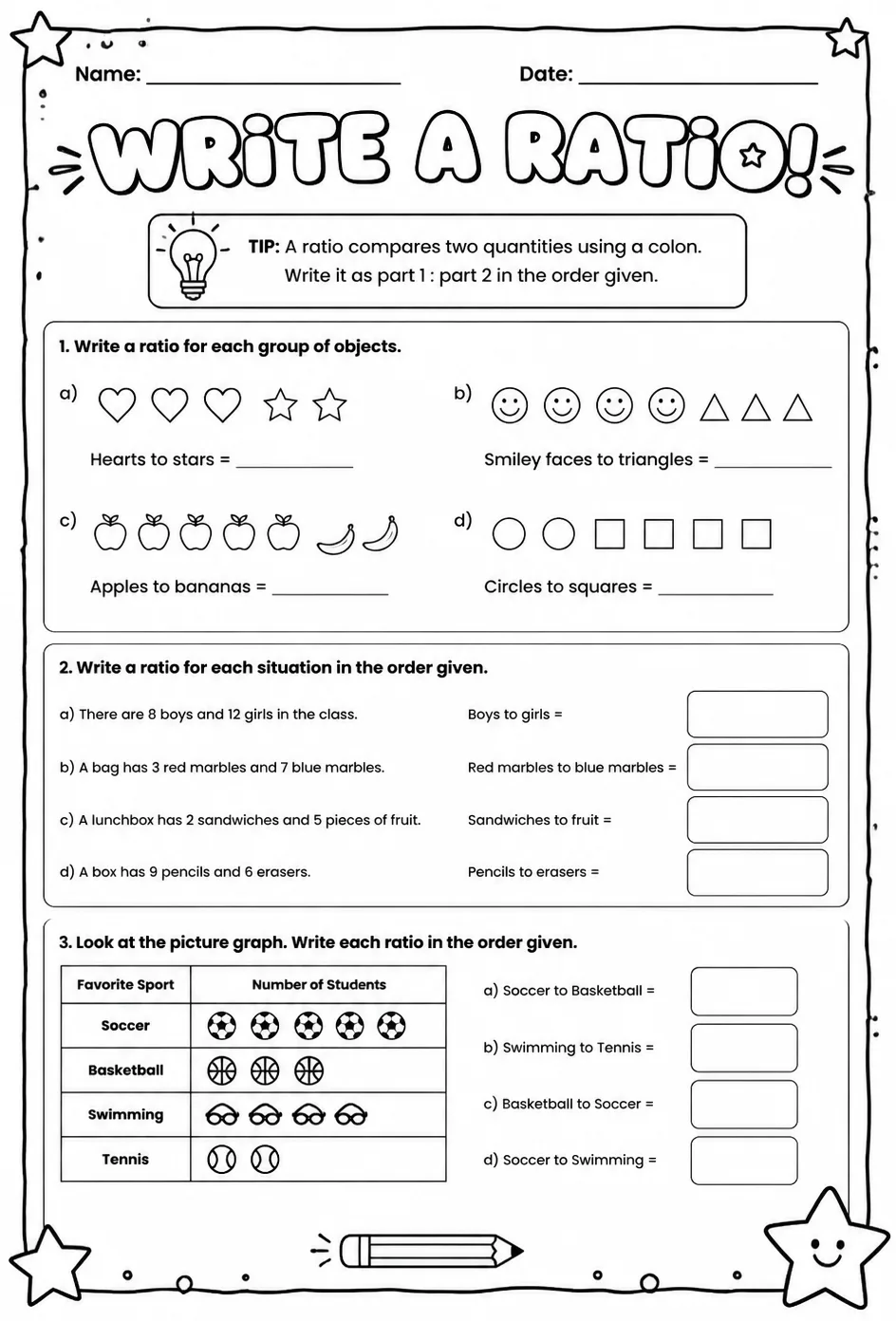 Write a ratio — free printable Grade 6 math worksheet