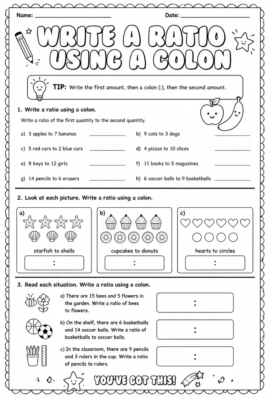 Write a ratio using a colon — free printable Grade 6 math worksheet