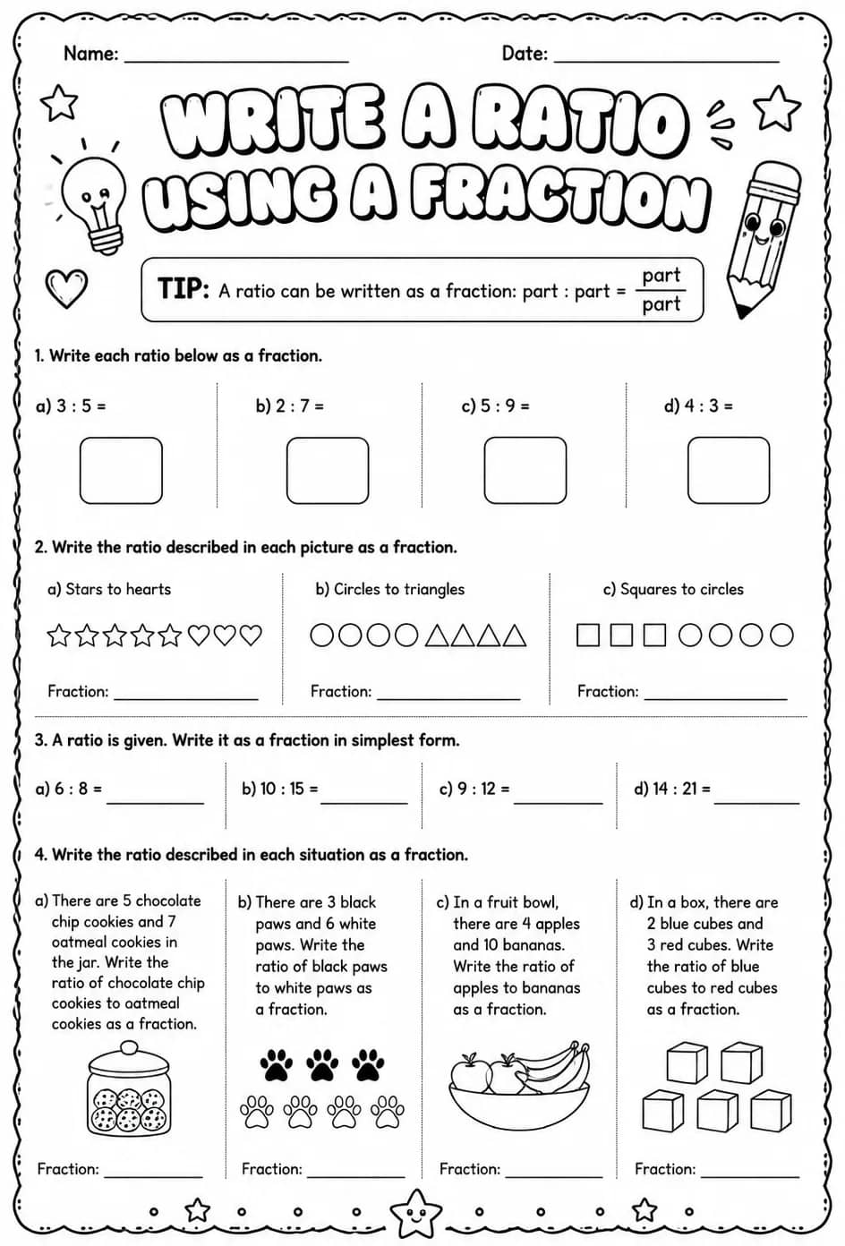 Write a ratio using a fraction — free printable Grade 6 math worksheet