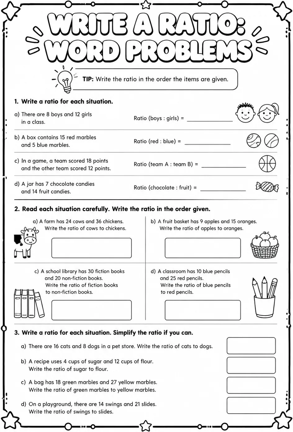 Write a ratio: word problems — free printable Grade 6 math worksheet
