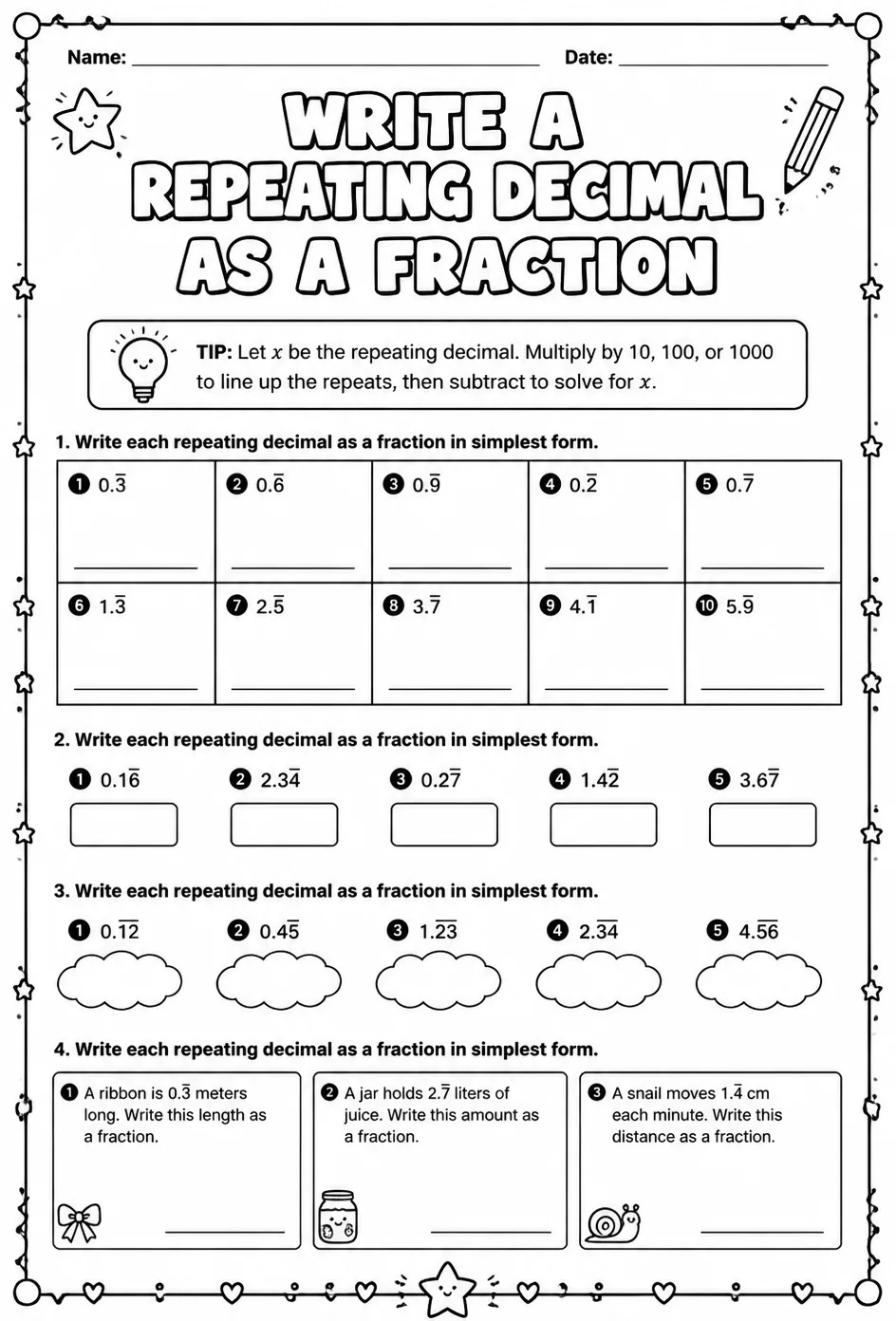 Write a repeating decimal as a fraction — free printable Algebra 2 math worksheet